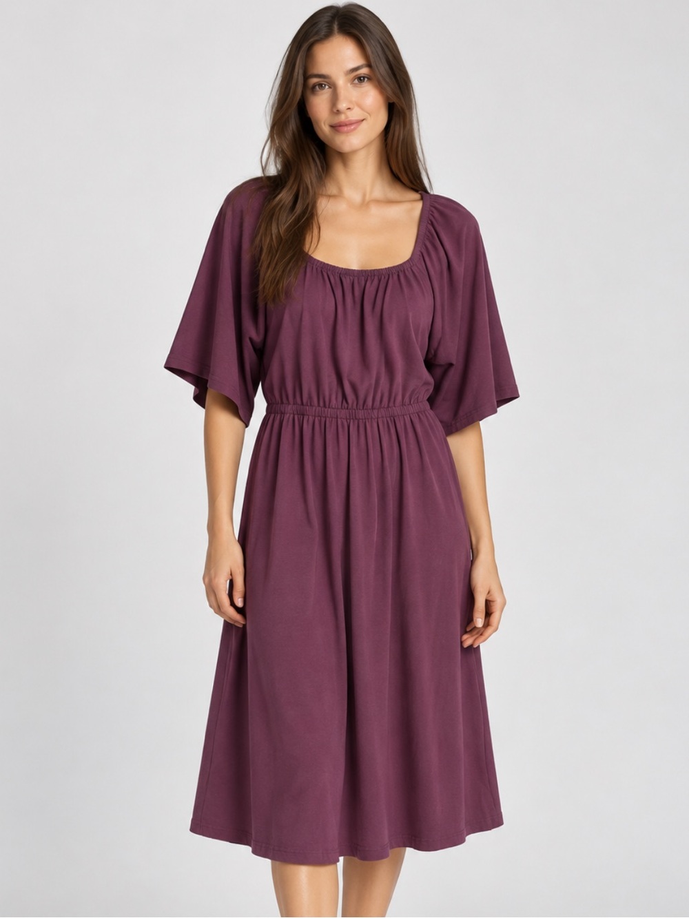 Pact Organic Cotton Flutter-Sleeve Midi Dress in Dusty Plum